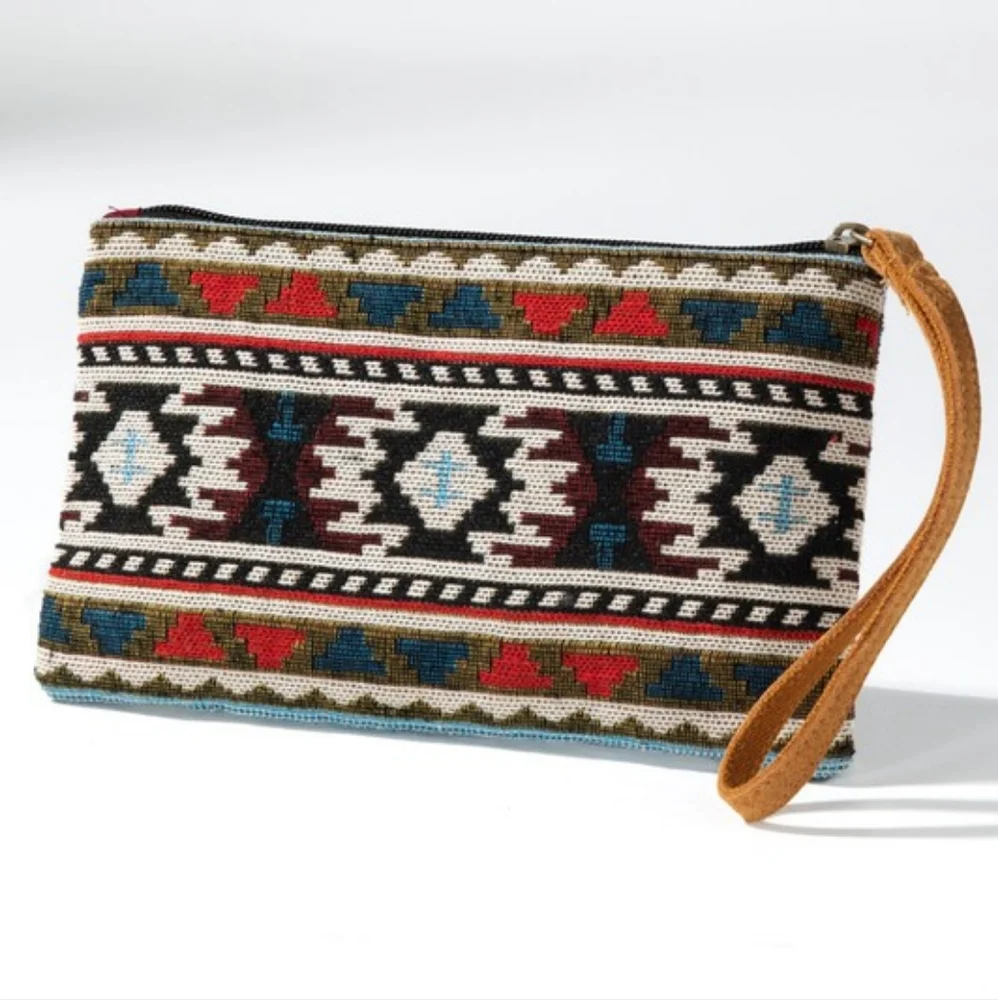 Handmade Hand Beaded Wristlet Clutch - Ethnic Inspired Design - Dyed Fine Cotton